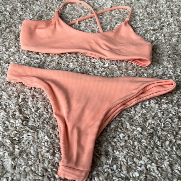 Shein Salmon/Peachey Pink 2 Piece Ribbed Bikini Set Sz S - Picture 2 of 8